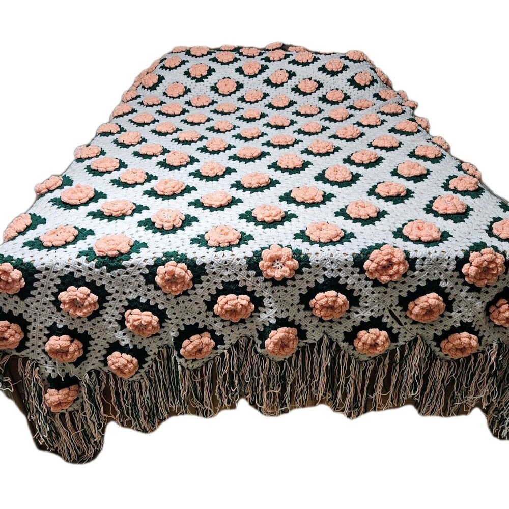 Vintage Handmade Crochet 3D Rose Granny Square Afghan Throw Blanket 108" x 66” - Picture 3 of 10